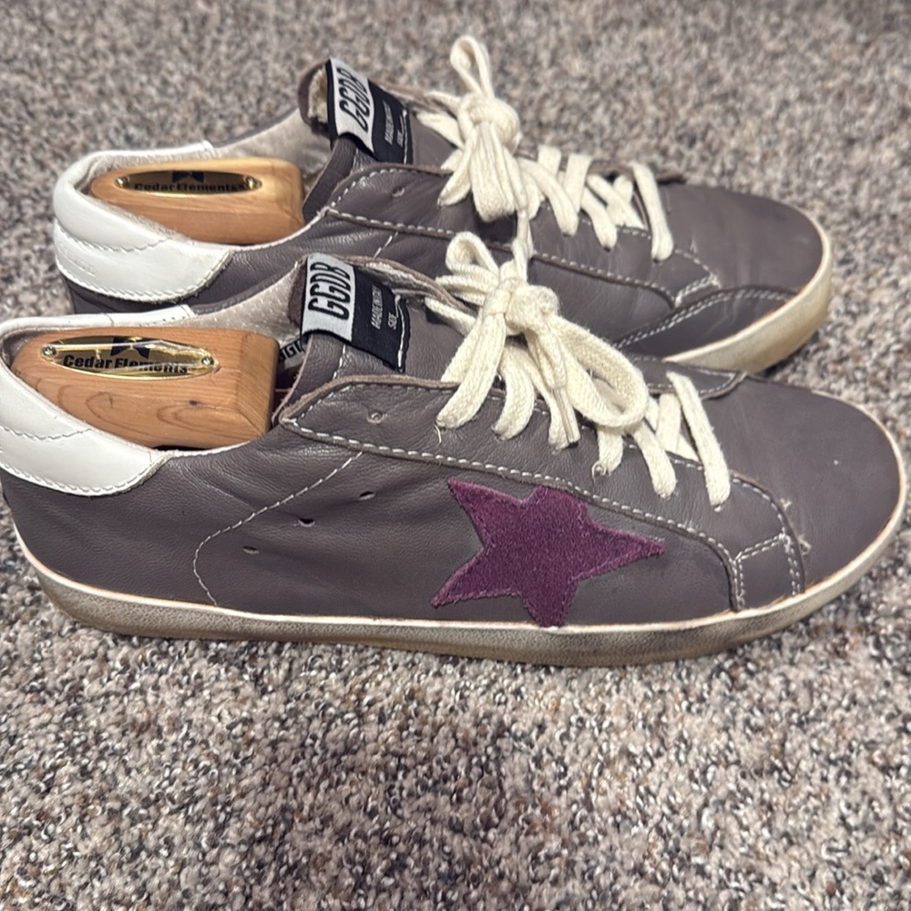 Golden Goose Gray and Purple Star Sneakers